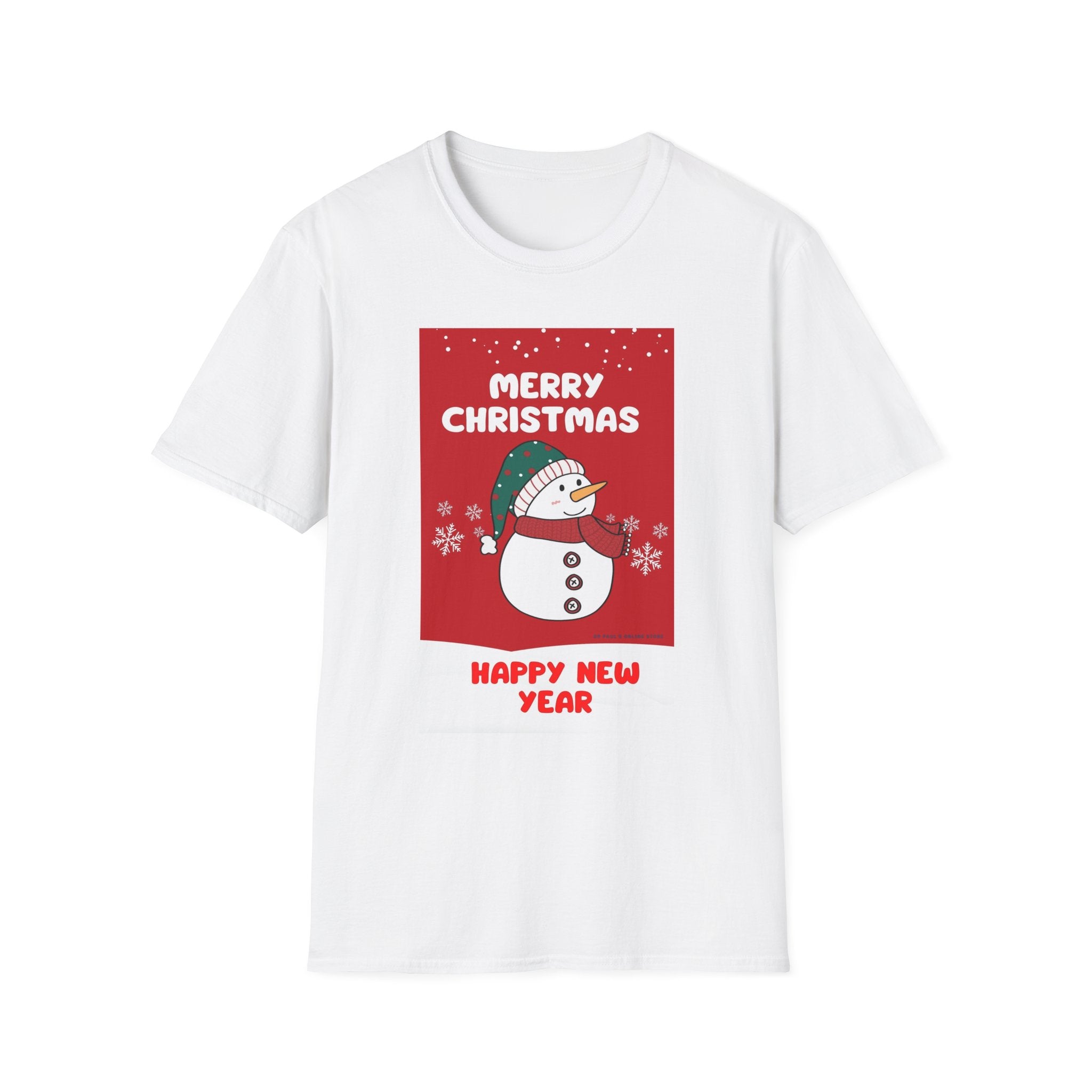 Christmas Snowman T-Shirt — "Merry Christmas, Happy New Year" Holiday Tee
